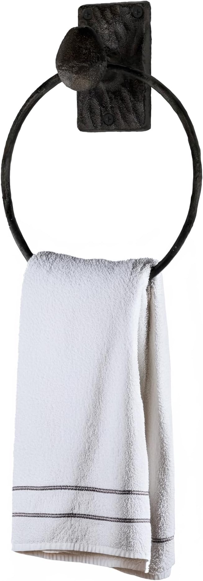Rustic State Motris Wall Mount Railroad Spike Industrial Design Cast Iron Towel Ring with Hammered Effect Texture for Bathroom and Kitchen - Hand Towel Holder Hanger Rack - Black