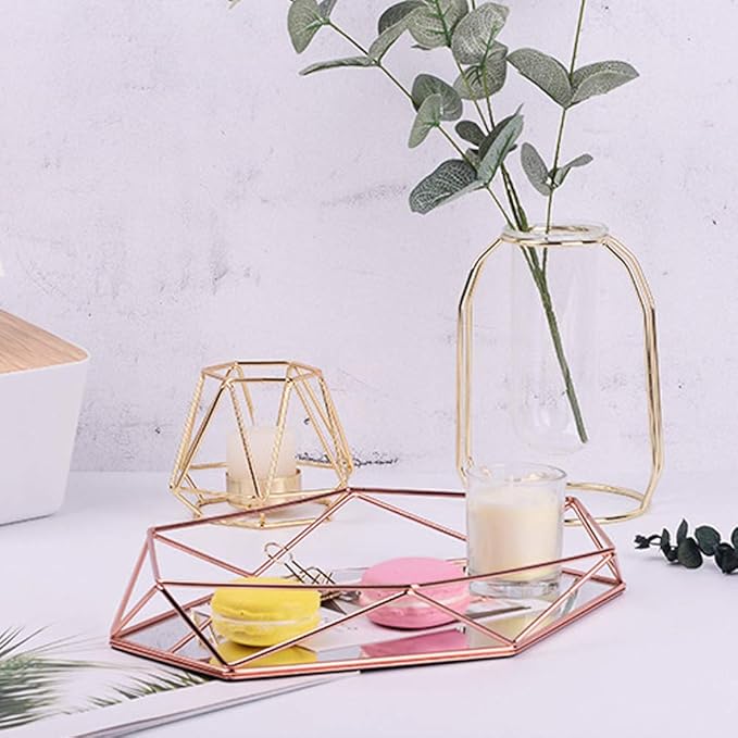 Organizer Tray,Makeup Organizer,Bathroom Sixangle Mirror Metal Gold Cosmetic Jewelry Storage Organizer Tray Box Plate for Makeup Brushes Perfume Lipsticks Nail Polish Makeup Holder(Rose Gold)