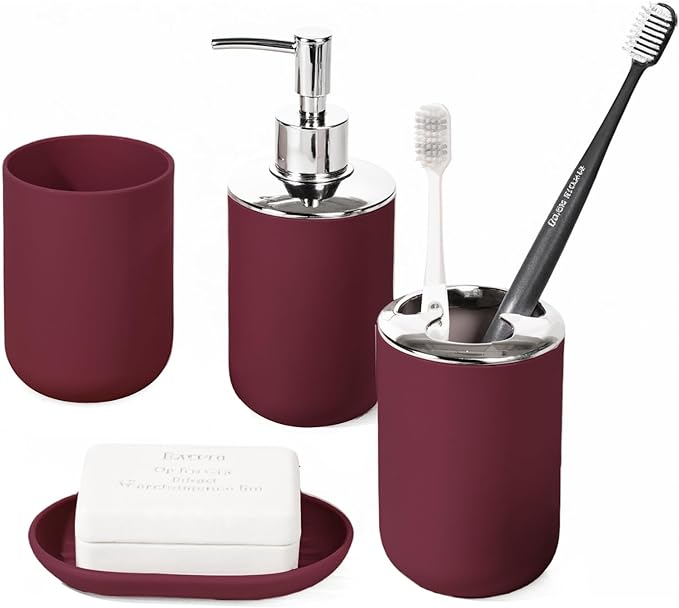 Bathroom Accessory Set, 4 Pcs Plastic Bathroom Set Include Soap Dispenser, Soap Dish, Toothbrush Holder, Mousewash Cup, Modern Bahtroom D??cor Set, Space Save for Bathroom(Burgundy)