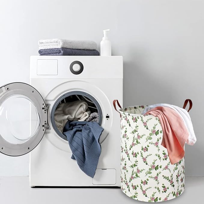 NTAOHAMPER Large Round Canvas Linen Laundry Hamper,Waterproof Storage Bin for Books/Clothes, Laundry Basket, Gift Basket(Eucalyptus leaves)
