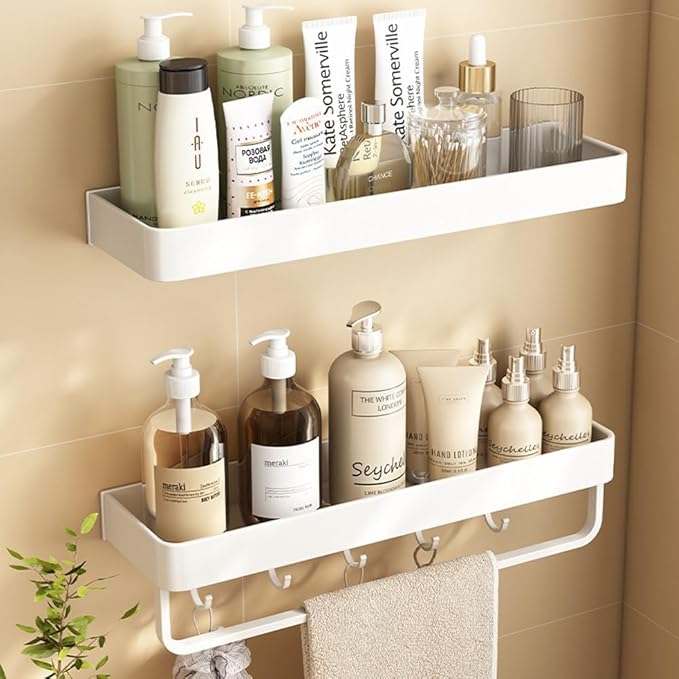 2-Tier Floating Shelf with Removable Hooks, Bathroom Shelves Wall Mounted (White)