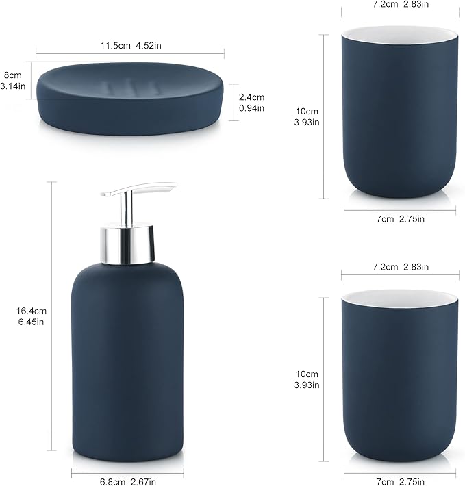 DUFU Blue Bathroom Accessory Set 4 Pieces, Ceramic Bathroom Set for Bathroom Decor, Accesorios para Baños, Blue Bathroom Accessories with Soap Dispenser, Soap Dish and 2 Tumbler