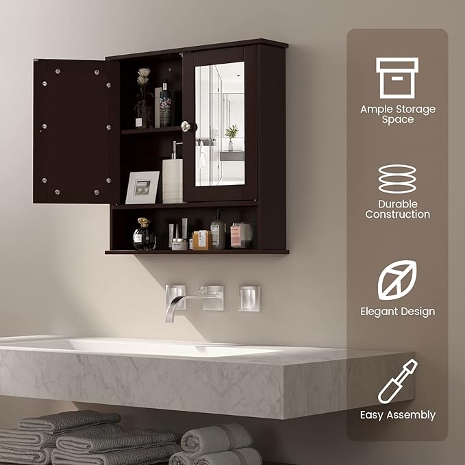 COSTWAY Bathroom Cabinet Wall Mount, Wooden Medicine Cabinet with 2 Mirror Doors, Adjustable Shelf, Open Compartment, for Laundry, Living Room, Kitchen, Brown