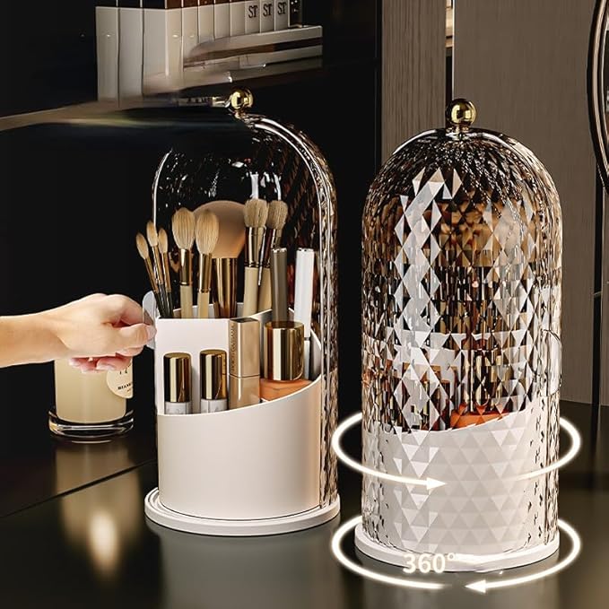 Makeup Brush Holder Organizer with 360° Rotating Lid Dustproof Makeup Brushes Organizer for Vanity Desktop Bathroom Countertop Clear Cover Easy Visibility (Black)