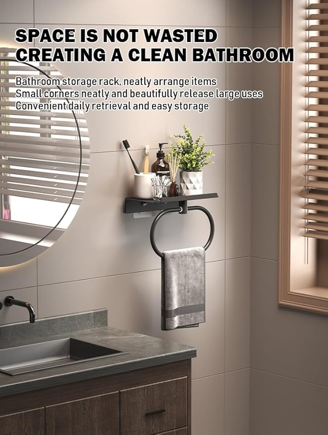 Modern Wall Mounted Towel Rack with Storage Shelf, Black Metal Bathroom Towel Bar, Space-Saving Bathroom Accessories