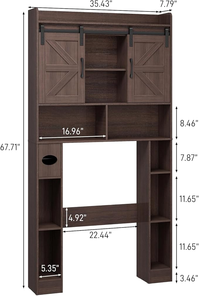 Vabches Farmhouse Storage Cabinet Over Toilet with Sliding Doors, Home Space-Saving Toilet Rack, Over The Toilet Storage Cabinet, Open Storage Shelf, for Bathroom, Laundry, Restroom.Espresso