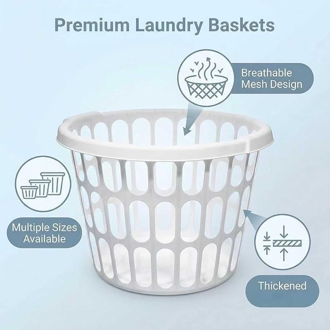 (8 Pack) 1-Bushel Round Plastic Laundry Baskets - Durable,Large Capacity for Bedroom, Bathroom, Laundry Room & Dorm