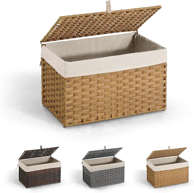 CAPHAUS Foldable Laundry Basket w/Lid, Synthetic Rattan Hamper w/Handles, 2 Removable Liner Bags, Large Storage Basket, 65L, Natural