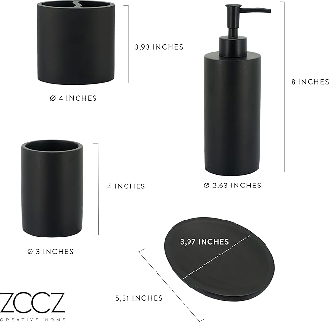 ZCCZ Bathroom Accessory Sets, 4 Pieces Bathroom Accessories Complete Set Vanity Countertop Accessory Set, Includes Lotion Dispenser Soap Pump, Toothbrush Holder and Tray (Matte Black Look Rounded)