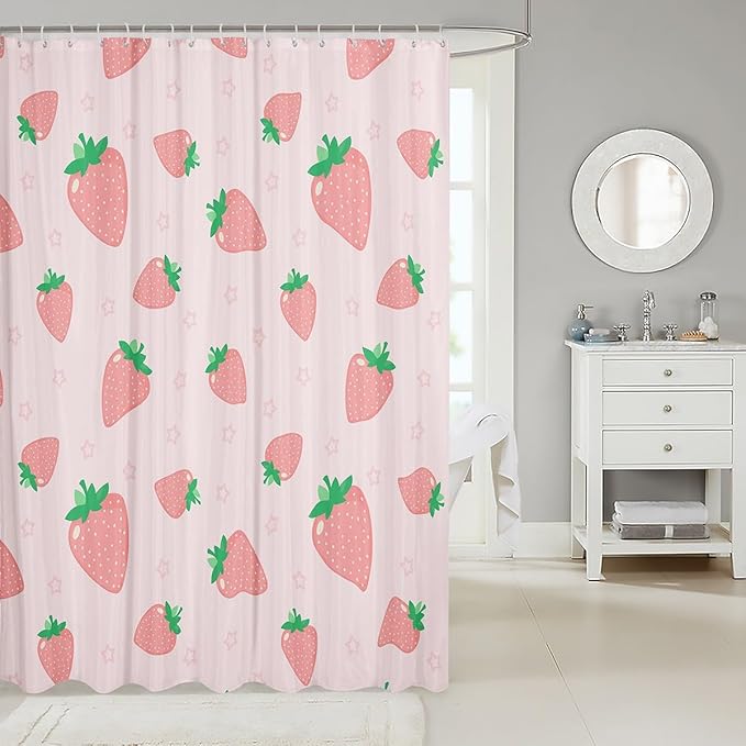 Strawberry Print Bathroom Curtain Kids Girls Kawaii Pink Strawberry Shower Curtain Cute Fruit Bath Curtains for Bathtubs Girl Stalls Decor Lightweight Waterproof Kids Bathroom Accessories 72"x84"