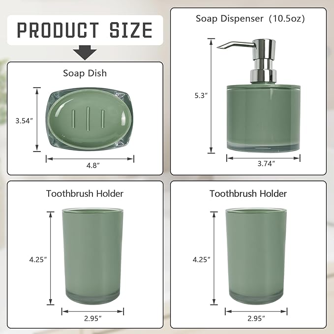Thickened Bathroom Accessories Set, 4-Piece Bathroom Accessories Set with 2 Toothbrush Cups, Soap Dispenser, Soap Dispenser (Olive Green)