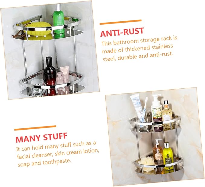 PRETYZOOM Stainless Steel Double Layer Corner Storage Rack Thickened Triangle Bathroom Shelf Organizer with Hollow Out Design for Efficient Space Utilization