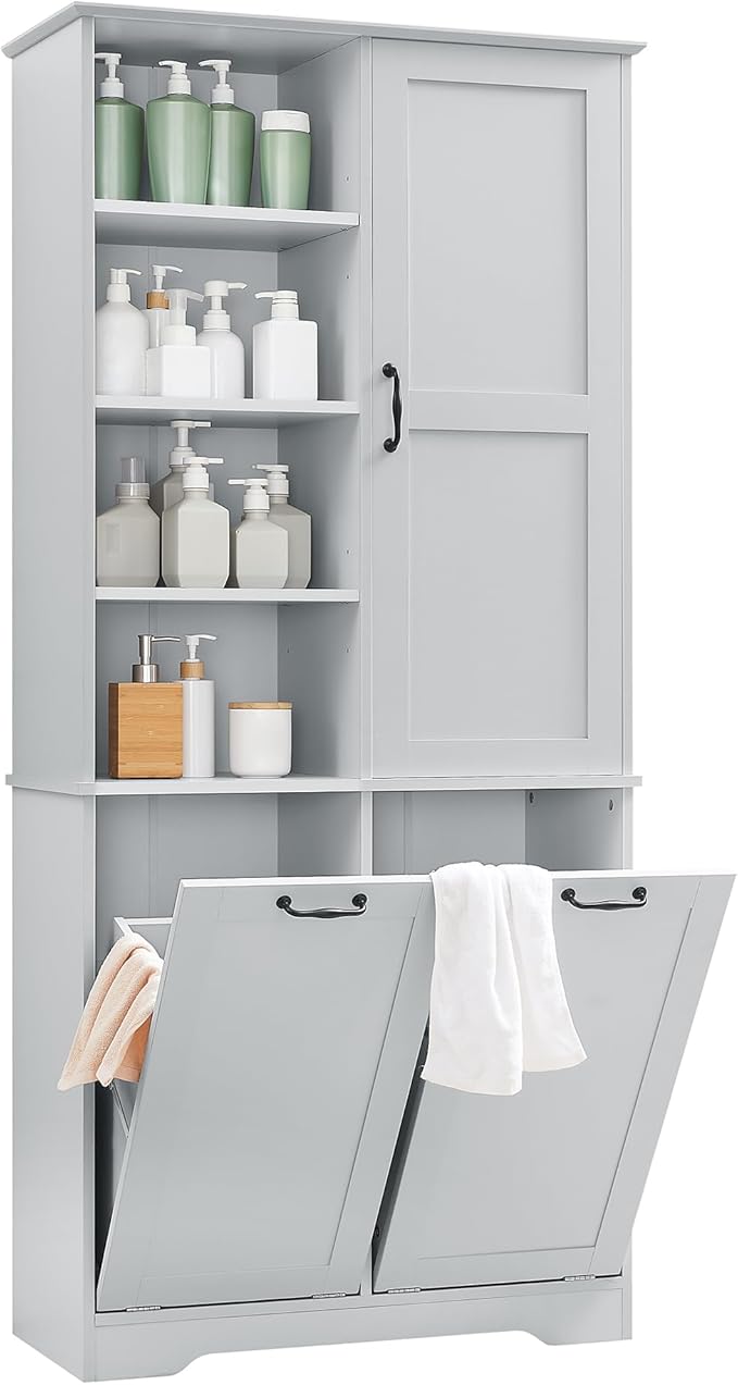Virubi Tall Laundry Cabinet with 2 Tilt Out Laundry Hampers, Wood Bathroom Storage Cabinet with Doors and Adjustable Shelves, for Bathroom Sotrage Organization, Freestanding, Grey