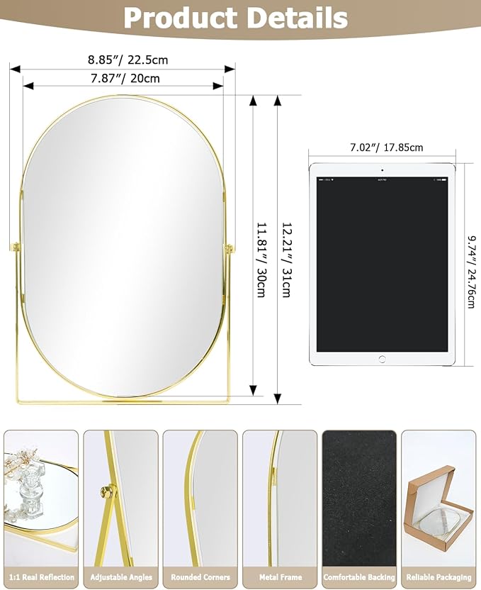 Vanity Desk Table Mirror, Adjustable Rotation Oval Tabletop Standing Makeup Mirror with Metal Framed for Living Room, Bedroom, Bathroom, Gold