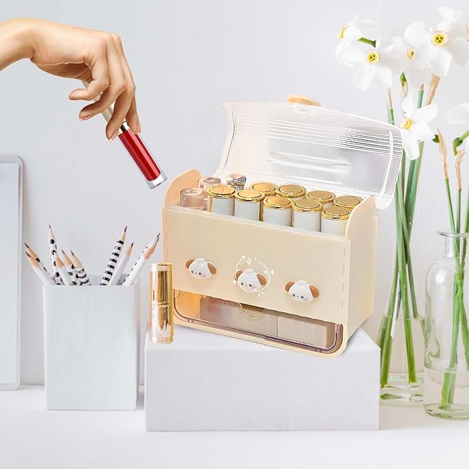 Lipstick Organizer Storage Box with 12 Slots and Drawer, Dust-proof Vanity Case for Lip Gloss, Chapstick, and Cosmetics - Desktop Makeup Container (Yellow)