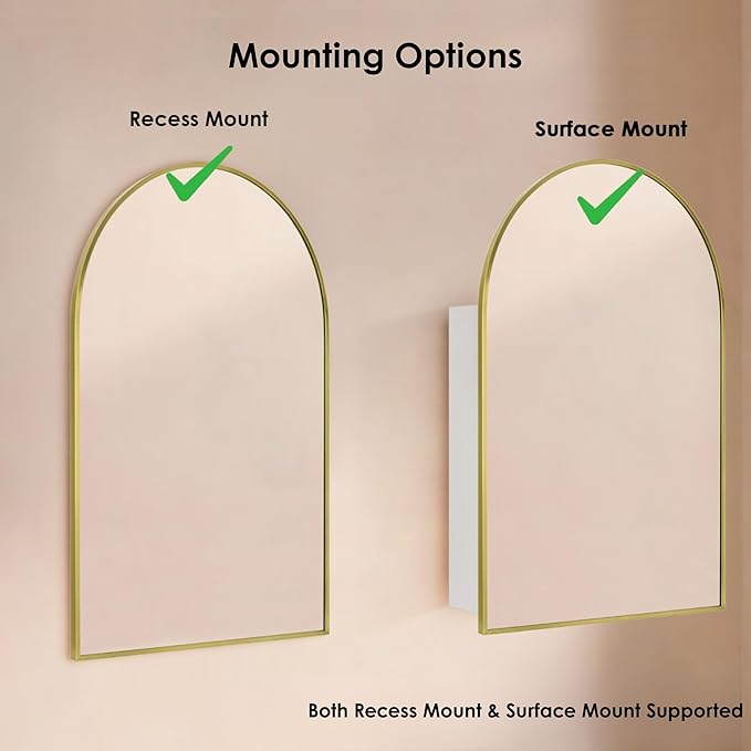 TEHOME 24 x 36'' Brushed Gold Arch Bathroom Medicine Cabinet with Mirror Recessed and Surface Mounted Medicine Cabinet Mirror