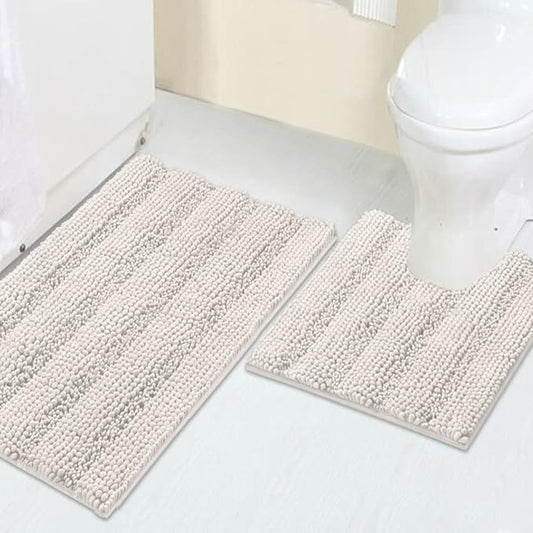 Turquoize Chenille Bathroom Rugs Set Non-Slip Bath Mats for Bathroom Super Absorbent Shaggy Shower Mat for Tub Kitchen Plush Bath Rug Plus U Toilet Mat (Standard: 20" x 32" and 20" x 20" U), Ivory