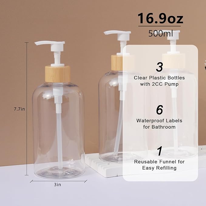 Shampoo and Conditioner Dispenser, Refillable Plastic Shampoo Pump Bottles with Waterproof Labels, Empty Body Wash Dispenser Set for Bathroom, Shower Soap Bottles (Clear, Set of 3, 16.9oz)