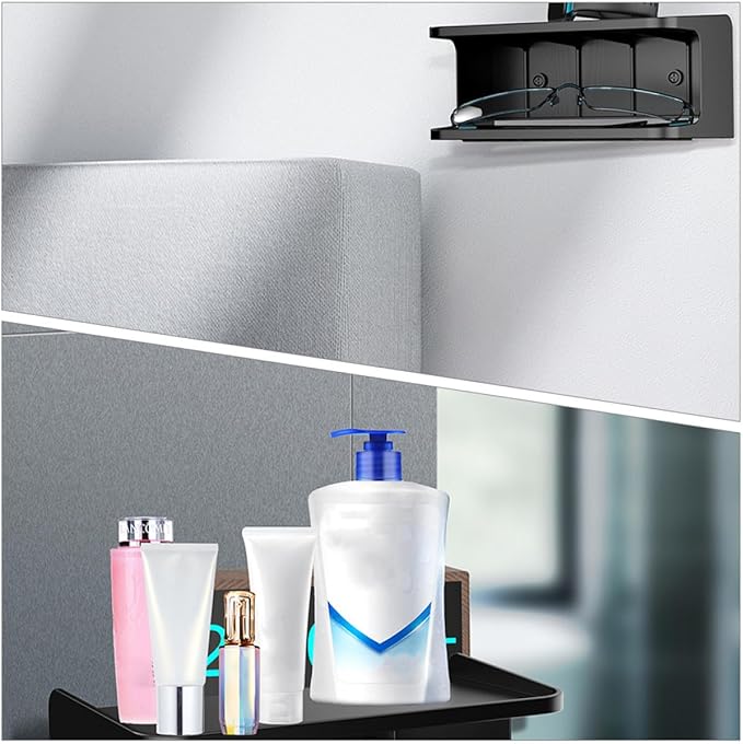 BESPORTBLE Double Layer Bedside Shelf Wall Organizer Floating Storage Rack for Bathroom Kitchen Office Space-Saving Black Wall-Mounted Shelf with Upper Tray for Mobile Phones and Personal