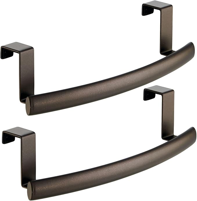 mDesign Steel Over Door Curved Towel Bar Storage, Hanger for Cabinet or Cupboard, Holder Rack for Kitchen, Bathroom - Holds Hand/Dish Towels, Washcloths - Spira Collection - 2 Pack - Bronze