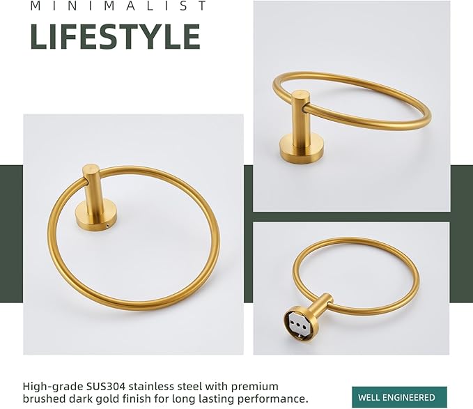 Angle Simple Bathroom Towel Ring Brushed Dark Gold, SUS304 Stainless Steel Modern Towel Holder, Swivel Hand Towel Rack Wall Mounted