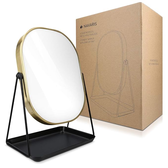 Navaris Vanity Mirror with Tray - Table Top Mirror with Metal Stand and Storage - 7" x 9" Mirror Size - for Makeup, Tabletop, Desk - Gold Finish