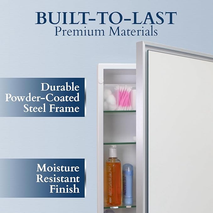 Fox Hollow Furnishings 20x30 Parker Metro Metal Framed Rectangle Recessed Bathroom Medicine Cabinet, Floating Mirror, 18x28 in-Wall Opening, Steel, Adjustable Glass Shelves, Magnet Close, White