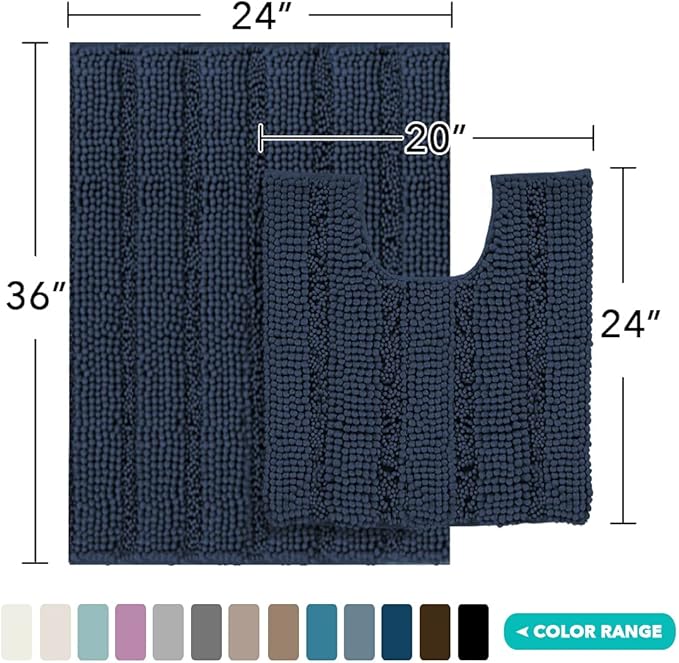 Turquoize Chenille Bathroom Rugs Set Non-Slip Bath Mats for Bathroom Super Absorbent Shaggy Rugs for Tub Shower Toilet Plush Bath Rug Plus U Contour Rug (Oversized: 24" x 36" and 20" x 24" U), Navy