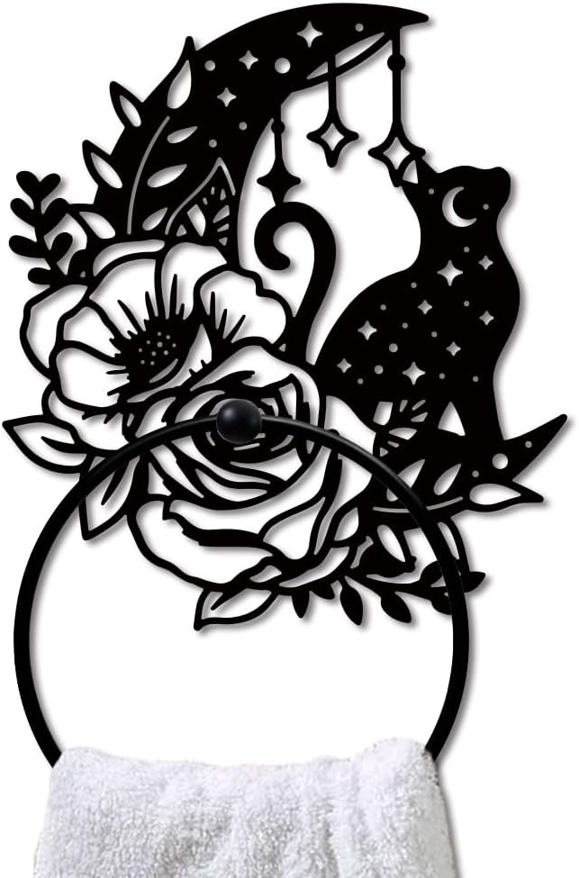 MAYJOYDIY Moon Cat Metal Towel Ring Rose Flower Towel Holder Moon Star Polka Pattern Towel Ring Black Art Towel Rack Wall Mounted for Bathroom Kitchen Towel Hanger Home Decors Gift
