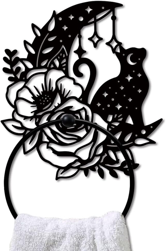 MAYJOYDIY Moon Cat Metal Towel Ring Rose Flower Towel Holder Moon Star Polka Pattern Towel Ring Black Art Towel Rack Wall Mounted for Bathroom Kitchen Towel Hanger Home Decors Gift