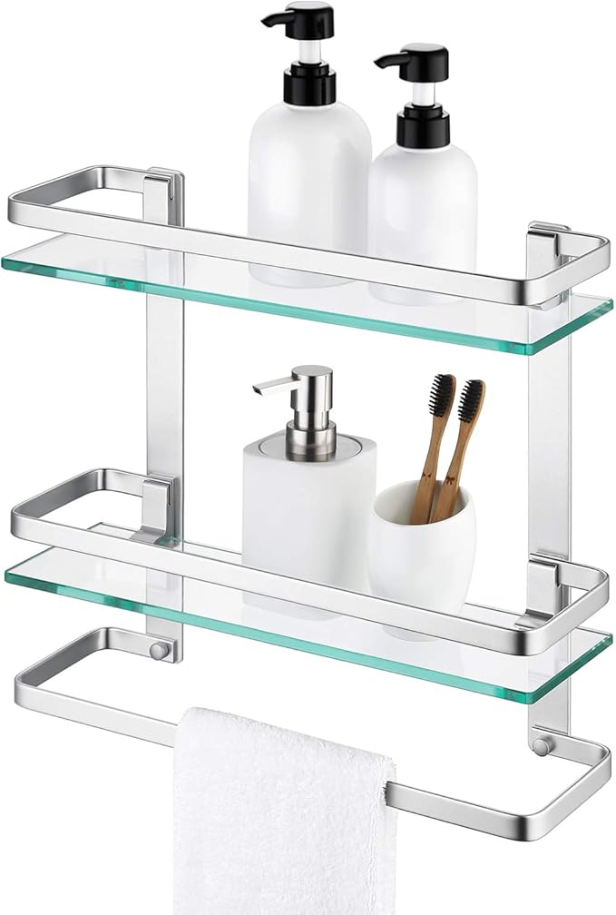 KES Bathroom Tempered Glass Shelf 2 Tier Storage Glass Shelf Rectangular with Bar Wall Mounted Sand Sprayed Anodized Aluminum Finish, A4127B