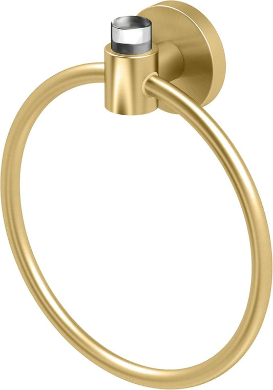 Gatco 5732 Clarion Towel Ring | Wall Mount Bathroom Hand Towel Holder, Modern Bathroom Accessory | Crystal-Clear Acrylic & Brushed Brass Finish