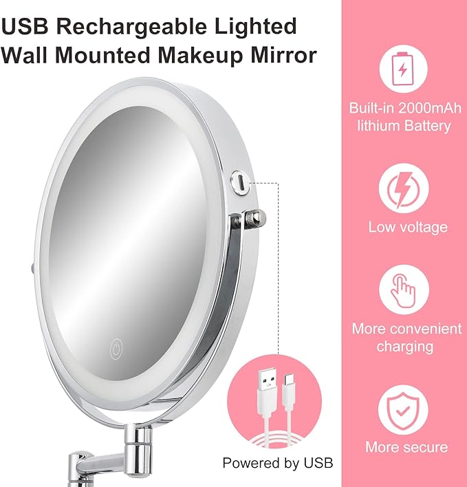 8" LED Wall Mounted Makeup Mirror, 1X/10X Magnifying Vanity Mirror with 3 Color Modes, 2000mAh Rechargeable 360° Swivel Extendable Arm, Polished Chrome for Bathroom Makeup, Shaving, Skincare