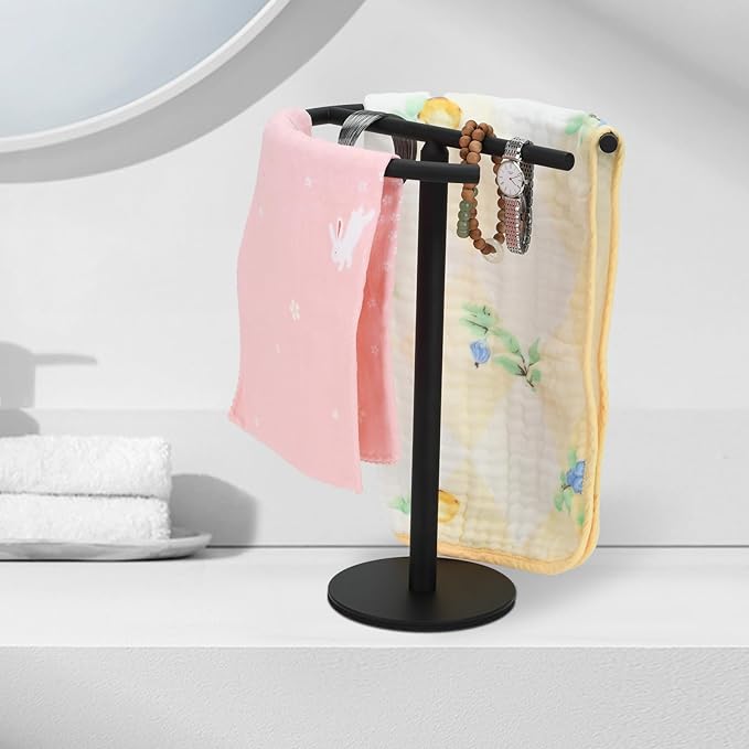 Hand Towel Holder Countertop 13-Inch Height Towel Stand Free-Standing Hand Towel Rack Double Hand Towel Rings for Bathroom Kitchen Countertop (Matte Black)