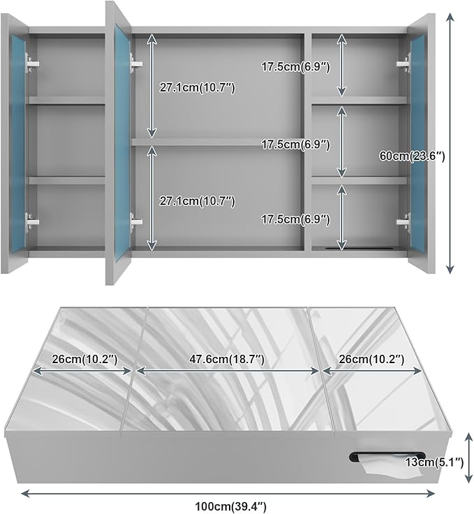 24x40 Inch Bathroom Medicine Cabinet with Mirror, Pre-Assembled Bathroom Medicine Cabinets, Surface/Recessed Wall Mounted Farmhouse Large Medicine Cabinet, Sliver