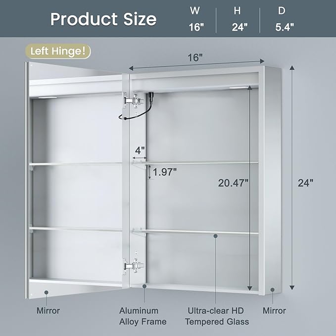 16x24 Inch Medicine Cabinet with Lights, Lighted Medicine Cabinet with Mirror, AL Alloy Frame, Hardwired, Recessed or Wall Mount, 3 Light Colors/Dimmable/Defog,2 Outlets&USBs, 2 Shelves