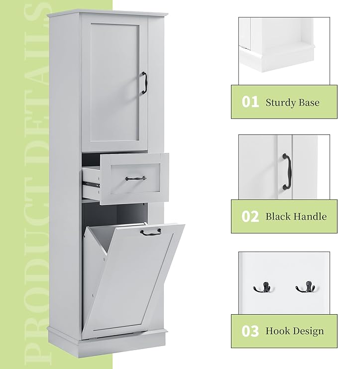Virubi Tall Laundry Cabinet with Tilt Out Hamper, Wood Bathroom Storage Cabinet with Door, Drawer and Adjustable Shelves Freestanding, Grey