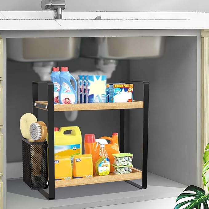 LEMIKKLE 2-Tier Wood Bathroom Counter Organizer with Basket,Waterproof Vanity Skincare Storage for Bathroom, Kitchen, Dresser