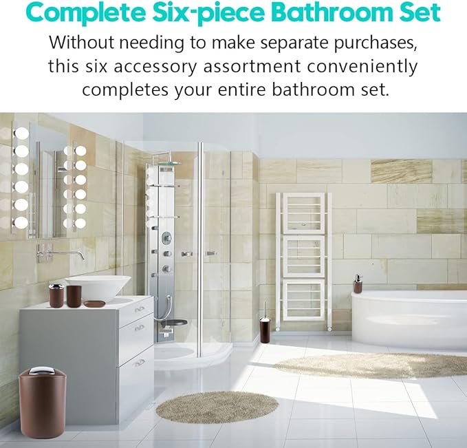 Papillon 6-Piece Bathroom Organization Set, Toothbrush Holder with Cup, Soap Dispenser & Dish, Toilet Brush, Trash Can, Tumbler Set (Coffee)