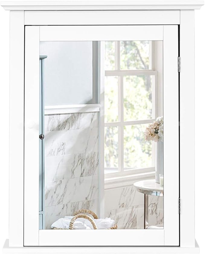 Tangkula Bathroom Cabinet with Mirror, Mirrored Wall-Mounted Storage Medicine Cabinet w/Single Door & Adjustable Shelf in 5 Positions, Multipurpose Wall Cabinet for Bathroom (White)