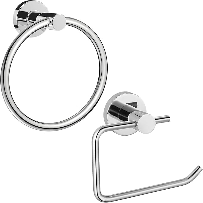 Towel Ring and Toilet Paper Holder Set, Stainless Steel Bath Towel Hanger and Tissue Roll Holders, Bathroom Hardware Accessories Wall Mounted 2 Pieces (Polished Chrome)