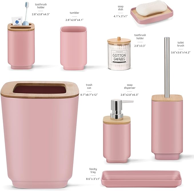 IMAVO 11 Piece Pink Bathroom Set, Trash Can, Toilet Brush, Storage Tray, Complete Bathroom Accessories Organization Kit for Bathroom Décor and Home Gifts