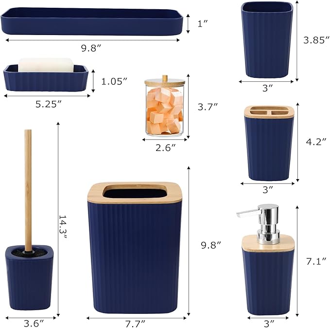 XLHOMO Blue Bathroom Set - Navy Blue Bathroom Accessories Set with with Trash Can,Toothbrush Holder,Toothbrush Cup,Soap Dispenser,Tray,Soap Dish,Toilet Brush,Qtip Holders for Bathroom Home Decor