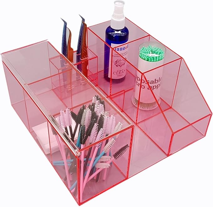 Eyelash Beauty Organizer, Acrylic Eyelash Grafting Tool Storage Beauty Tool W/Tweezers Holder Display Boxes for Home Eyelash Salon (Transparent Pink)