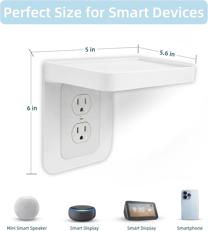 Outlet Shelf with Cord Storage, No-Drill Wall Outlet Shelf for Smart Displays & Devices, Outlet Shelf Mount for Bathroom Kitchen Bedroom, Fits Duplex Outlets (White, 2Pack)
