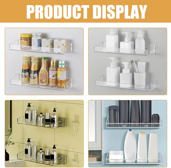 Acrylic Wall-Mounted Storage Rack 2pcs Floating Shelves for Bathroom Kitchen Toilet, Wall Shelf Holder for Skincare and Spice Organization