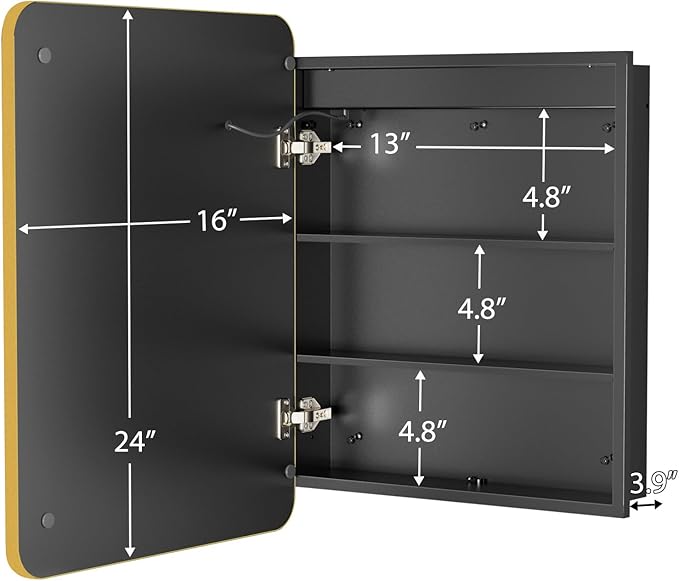 ROOMTEC Lighted Medicine Cabinet with Mirror, Wall Mounted Bathroom Mirror with Storage, Single Doors Bathroom Wall Cabinet with LED Lights,Gold,16"x24"