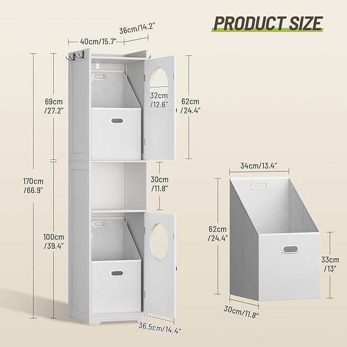 Laundry Hamper Cabinet, 70" Tall Bathroom Cabinet with 2 Laundry Baskets, Hidden Laundry Hamper with 2 Doors and Double Clothes-Toss Round Holes for Bathroom, White WT170XY01S