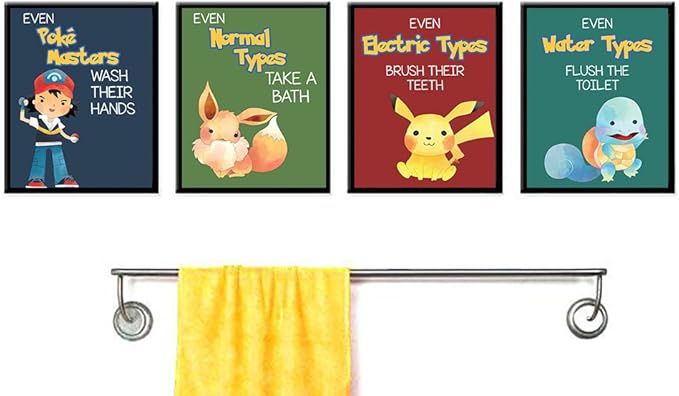 Silly Goose Gifts Even Electric Types Brush Teeth Take A Bath Wash Hands Bathroom Wall Art Decor Prints Reminder Sign (Set of Four) Pocket Monster