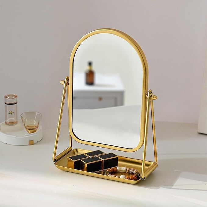 Desk Table Mirror Arch Makeup Vanity Mirror 360°Adjustable Rotation Golden Metal Framed Standing Mirrors with Tray Desktop Cosmetic Mirror for Living Room,Bedroom,Tabletop,Bathroom
